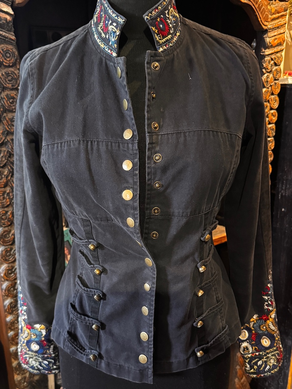 Embroidered Military-Style Jacket - black